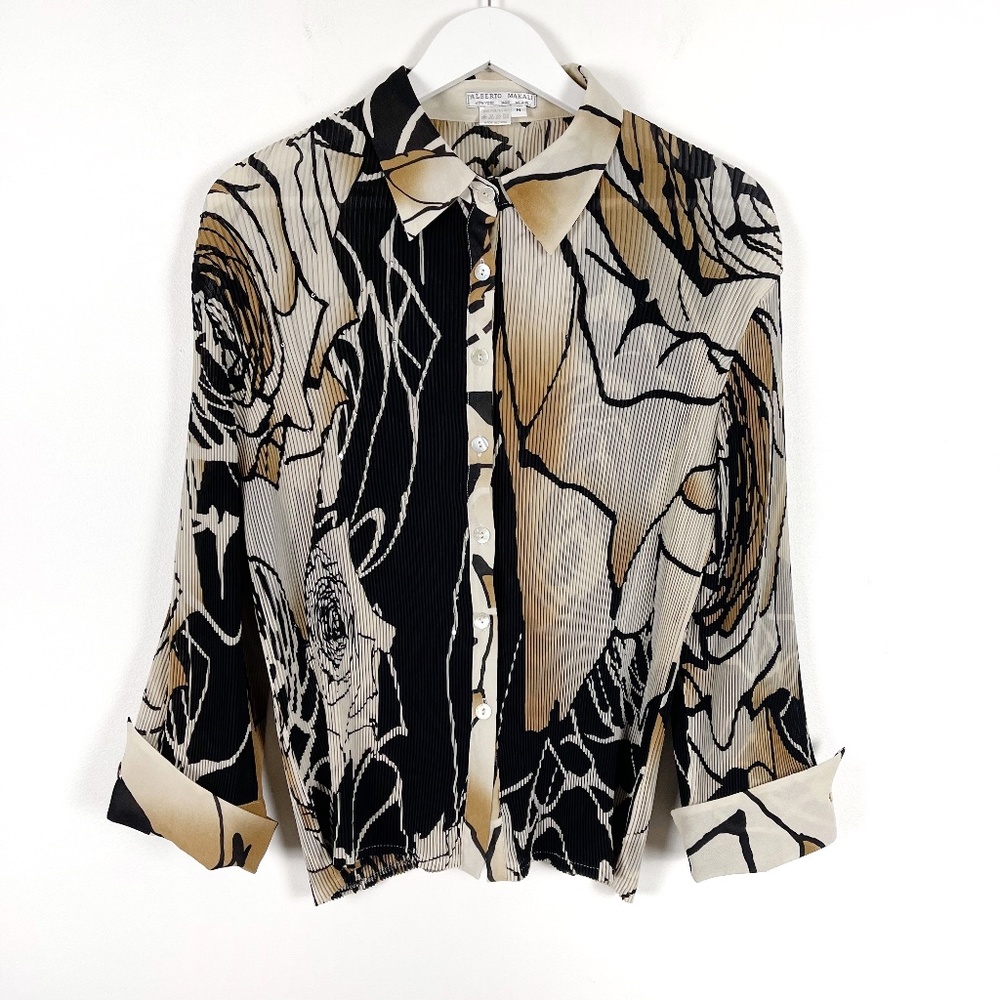 Vintage Black & Tan Print Pleated Blouse Medium